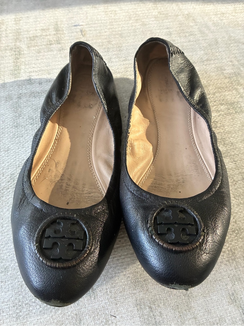 Tory Burch Black Leather Logo Ballet Flats